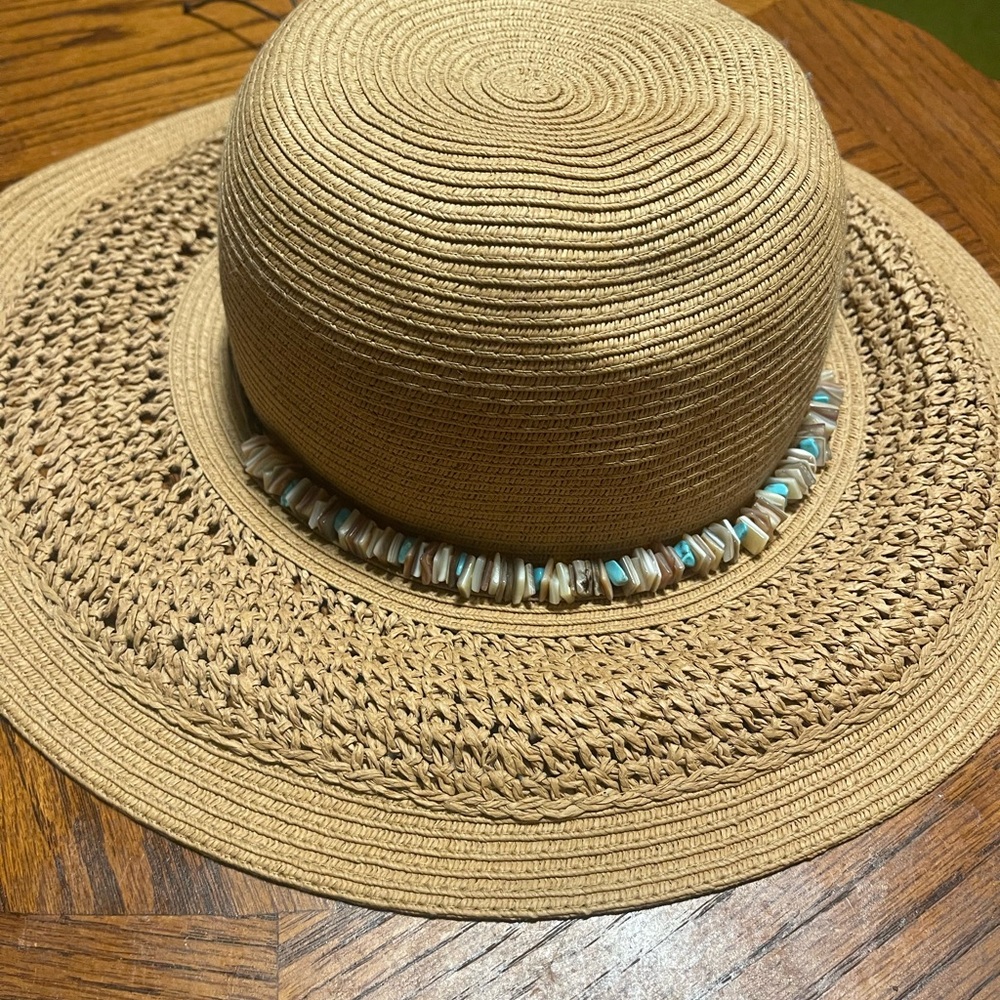 O'Rageous Sun Summer Hat Women Big Brim 100% Paper Braid Straw Tan Blue Beads